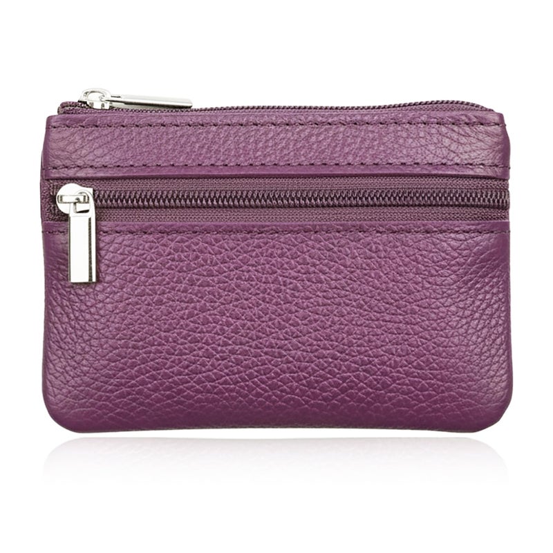 Hibate Purple Small Leather Coin Purse Change Pouch for Women Men Kids with Zip Key Ring - Image 1